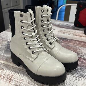 Seven7 White and white Combat Moto Boots with Chunky Sole